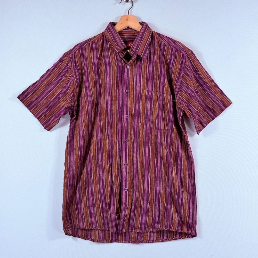 Carlon Button Down Shirt Mens 42 Medium Purple Orange Striped Retro Boho Top NEW